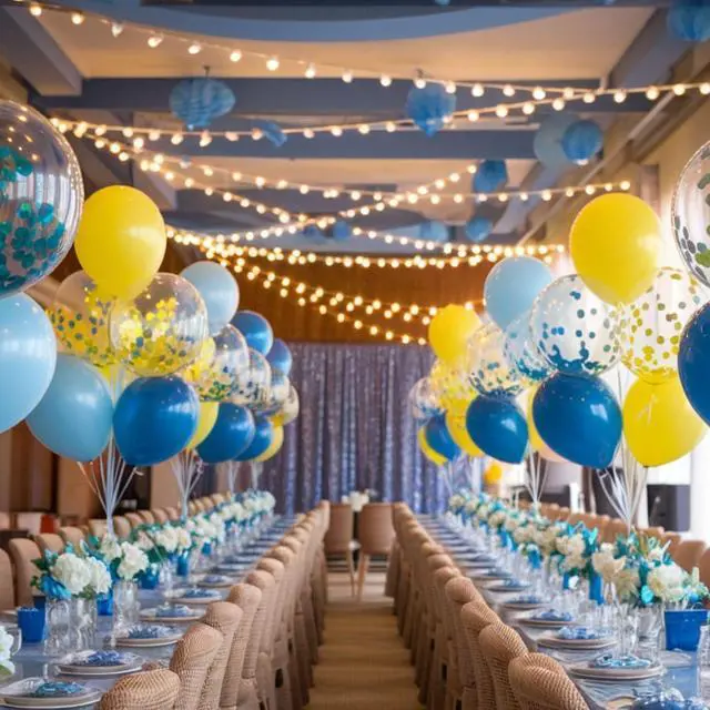 Alt view image 4 of 7 - Yellow Blue Balloons, 12 Inch Blue and Yellow Balloons Set Macaron Yellow Balloon Metallic Blue Confetti Balloon for Kids Cartoon Theme Birthday Baby Shower Party Supplies