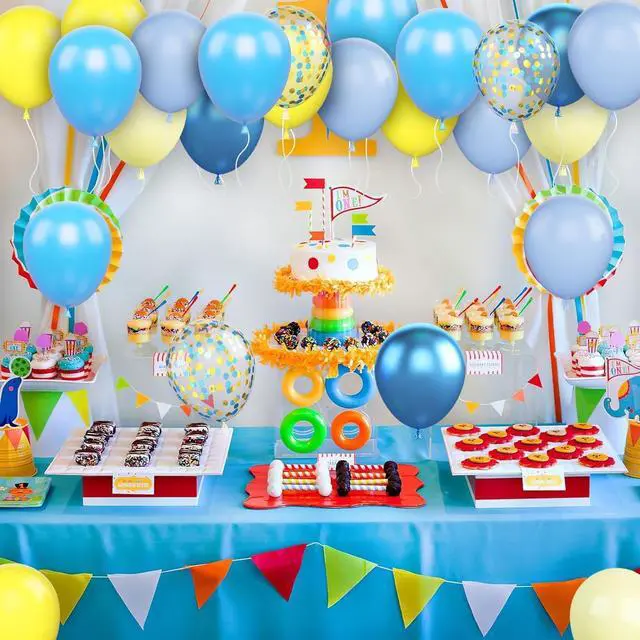 Alt view image 6 of 7 - Yellow Blue Balloons, 12 Inch Blue and Yellow Balloons Set Macaron Yellow Balloon Metallic Blue Confetti Balloon for Kids Cartoon Theme Birthday Baby Shower Party Supplies