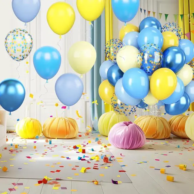 Alt view image 7 of 7 - Yellow Blue Balloons, 12 Inch Blue and Yellow Balloons Set Macaron Yellow Balloon Metallic Blue Confetti Balloon for Kids Cartoon Theme Birthday Baby Shower Party Supplies