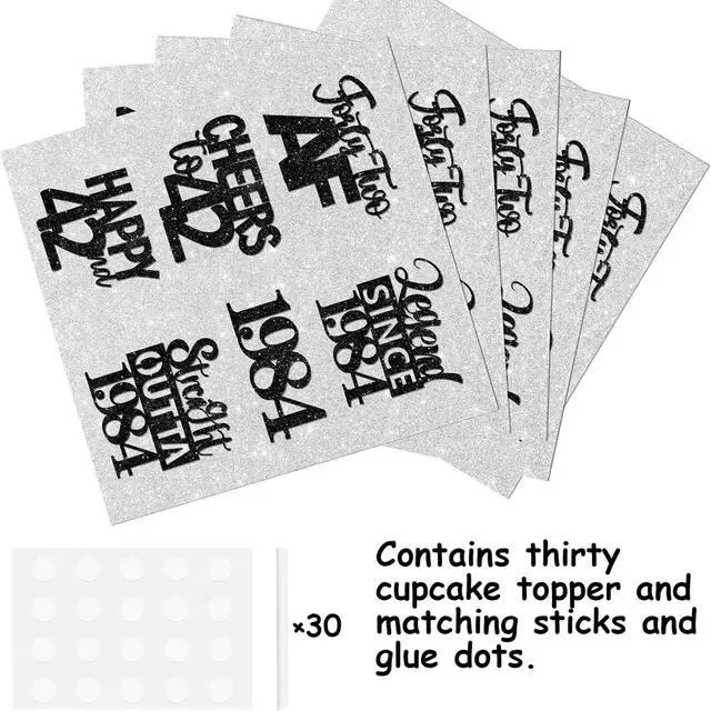 Alt view image 3 of 7 - 30pcs Black Glitter Dessert Cupcake Pick for Straight Outta 1984 Legend Since 1984 Theme Decor Supplies Men Boys Happy 42nd Birthday Party Decoration