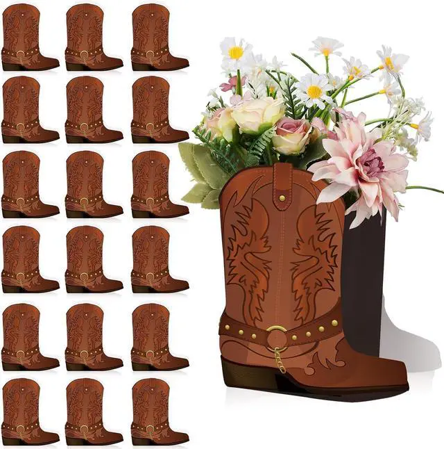 Main image of Weekgrat 24 Set Brown Western Cowboy Boots Flower Boxes Centerpiece Boot Shape Boxes Decorations Western Theme Party Cowgirl Favors for Cowboy Cowgirl Birthday Party Baby Shower Wedding Supplies