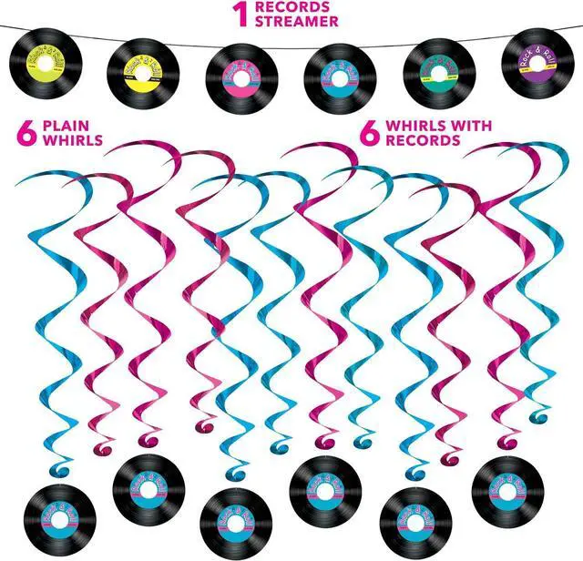 Alt view image 2 of 6 - 50's and 60's Party Decorations - Records Streamer Garland and Rock & Roll Hanging Record Whirls