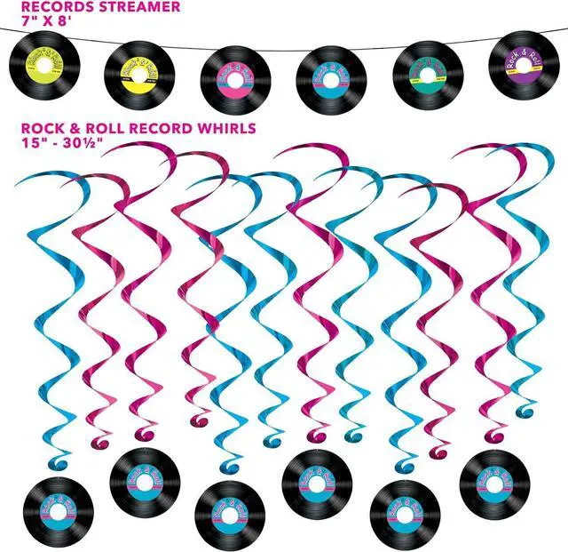 Alt view image 3 of 6 - 50's and 60's Party Decorations - Records Streamer Garland and Rock & Roll Hanging Record Whirls