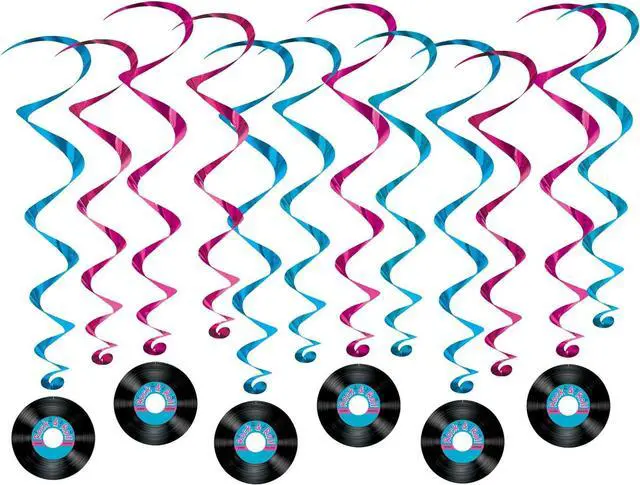 Alt view image 5 of 6 - 50's and 60's Party Decorations - Records Streamer Garland and Rock & Roll Hanging Record Whirls
