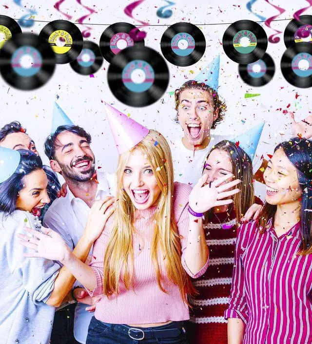Alt view image 6 of 6 - 50's and 60's Party Decorations - Records Streamer Garland and Rock & Roll Hanging Record Whirls