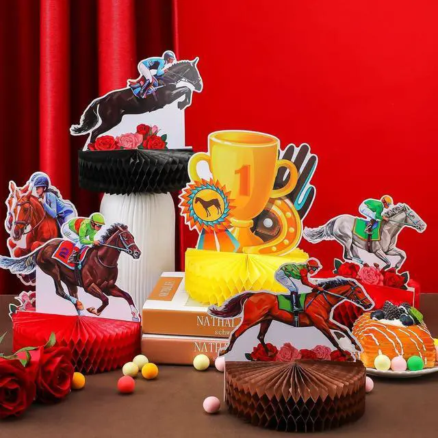 Alt view image 4 of 7 - Sureio 9 Pcs 3D Horse Racing Honeycomb Centerpieces, Pop-up Derby Horse Racing Table Decorations Centerpiece Party Supplies for Jockeys Equestrian Theme Race Birthday Decor