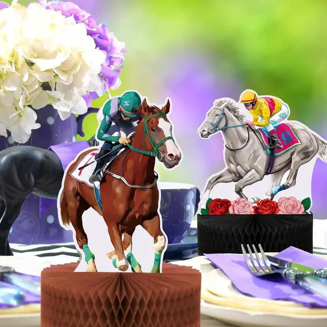 Alt view image 6 of 7 - Sureio 9 Pcs 3D Horse Racing Honeycomb Centerpieces, Pop-up Derby Horse Racing Table Decorations Centerpiece Party Supplies for Jockeys Equestrian Theme Race Birthday Decor