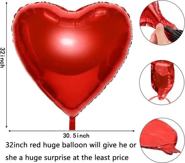 Alt view image 2 of 5 - 6 Pieces 32'' Large Heart Shaped Balloons Huge Foil Balloons Valentine's Day Balloons Red Heart Balloons for Wedding Engagement Anniversary Decor Party Favor Supplies (Red 6pcs)
