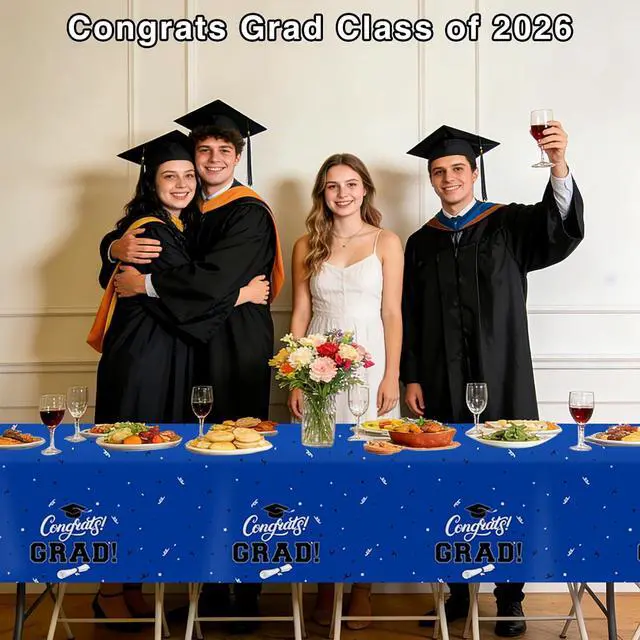 Alt view image 4 of 7 - Tbsone Graduation Tablecloth 2026, 3 Pack Disposable Plastic Table Covers 54" x 108", Congrats Grad Party Supplies for College & High School Graduation (Blue)
