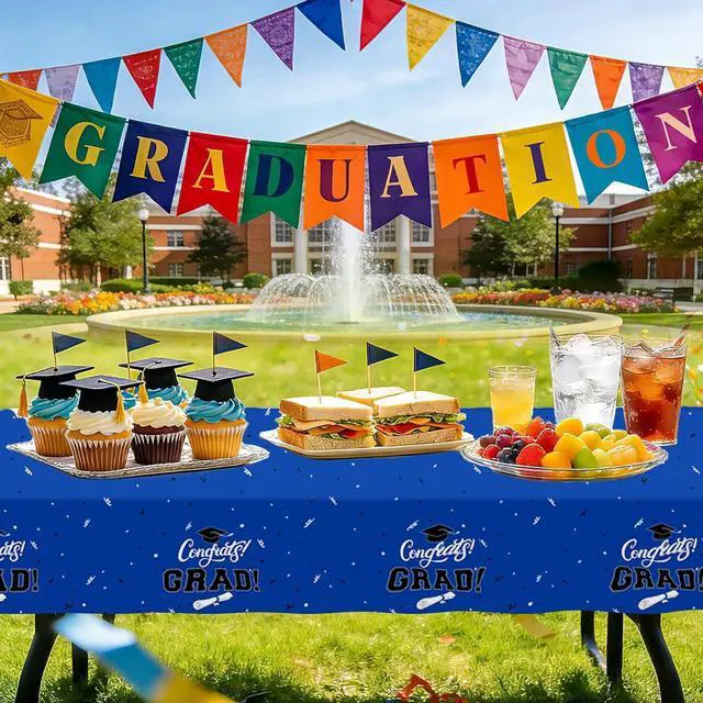 Alt view image 5 of 7 - Tbsone Graduation Tablecloth 2026, 3 Pack Disposable Plastic Table Covers 54" x 108", Congrats Grad Party Supplies for College & High School Graduation (Blue)
