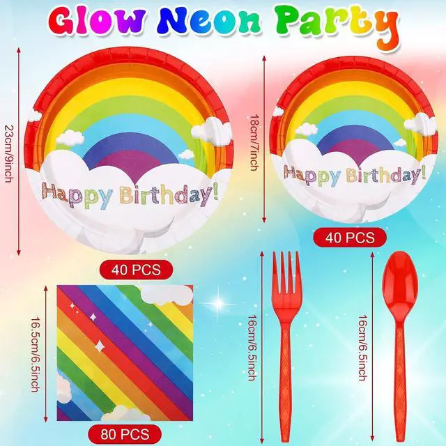 Alt view image 2 of 6 - Jetec 240 Pcs Rainbow Birthday Party Supplies for 40 Guests, Colorful Disposable Tableware Set with Plates Napkins Cutlery, Easy Party Decorations for Birthday, Baby Shower, Rainbow Theme Celebration