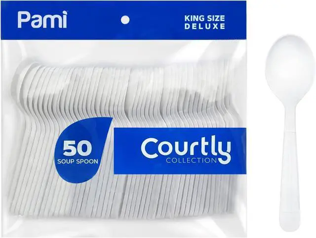 Main image of PAMI Heavy Weight Disposable Plastic Soup Spoons,White,Deluxe Size,50-Pack