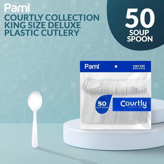 Alt view image 2 of 5 - PAMI Heavy Weight Disposable Plastic Soup Spoons,White,Deluxe Size,50-Pack