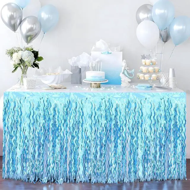 Main image of 2 pcs Blue Wavy Tinsel Fringe Table Skirts,Under the Sea Party Decorations | Shiny Wavy, 108 X 29.5 Inches,Easy to Assemble,Mermaid Birthday Decorations,Baby Shark Birthday Decorations