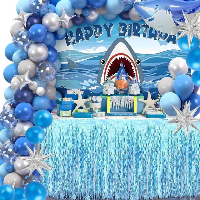 Alt view image 2 of 7 - 2 pcs Blue Wavy Tinsel Fringe Table Skirts,Under the Sea Party Decorations | Shiny Wavy, 108 X 29.5 Inches,Easy to Assemble,Mermaid Birthday Decorations,Baby Shark Birthday Decorations