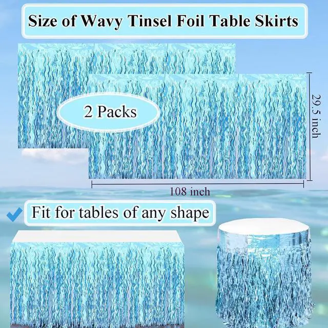Alt view image 3 of 7 - 2 pcs Blue Wavy Tinsel Fringe Table Skirts,Under the Sea Party Decorations | Shiny Wavy, 108 X 29.5 Inches,Easy to Assemble,Mermaid Birthday Decorations,Baby Shark Birthday Decorations