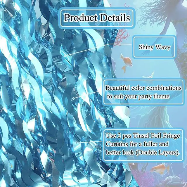 Alt view image 4 of 7 - 2 pcs Blue Wavy Tinsel Fringe Table Skirts,Under the Sea Party Decorations | Shiny Wavy, 108 X 29.5 Inches,Easy to Assemble,Mermaid Birthday Decorations,Baby Shark Birthday Decorations