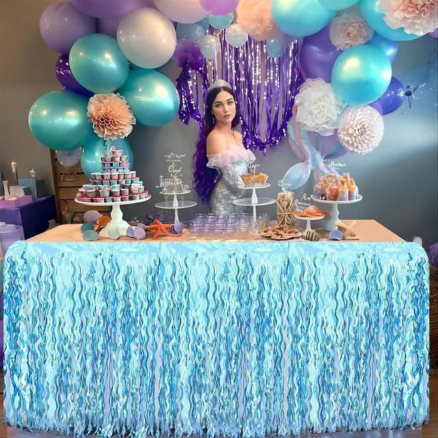 Alt view image 5 of 7 - 2 pcs Blue Wavy Tinsel Fringe Table Skirts,Under the Sea Party Decorations | Shiny Wavy, 108 X 29.5 Inches,Easy to Assemble,Mermaid Birthday Decorations,Baby Shark Birthday Decorations
