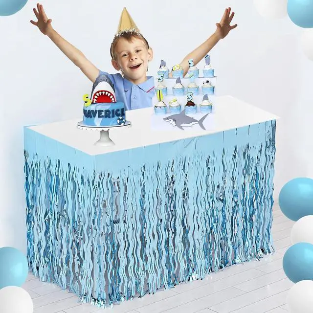Alt view image 7 of 7 - 2 pcs Blue Wavy Tinsel Fringe Table Skirts,Under the Sea Party Decorations | Shiny Wavy, 108 X 29.5 Inches,Easy to Assemble,Mermaid Birthday Decorations,Baby Shark Birthday Decorations