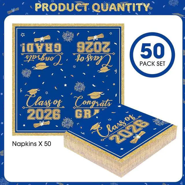 Alt view image 3 of 7 - 50 Pcs Graduation Napkins Class of 2026 - Blue Gold Congrats Grad Napkins Set, 3-Ply Disposable Graduation Luncheon Dinner Party Paper Napkins for Graduations Party Supplies Table Decoration
