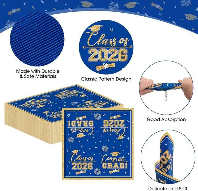 Alt view image 5 of 7 - 50 Pcs Graduation Napkins Class of 2026 - Blue Gold Congrats Grad Napkins Set, 3-Ply Disposable Graduation Luncheon Dinner Party Paper Napkins for Graduations Party Supplies Table Decoration