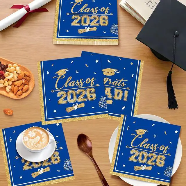 Alt view image 7 of 7 - 50 Pcs Graduation Napkins Class of 2026 - Blue Gold Congrats Grad Napkins Set, 3-Ply Disposable Graduation Luncheon Dinner Party Paper Napkins for Graduations Party Supplies Table Decoration