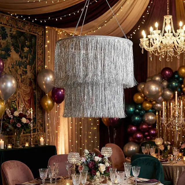 Alt view image 5 of 6 - Rossesay 2 Pcs 2 Tier Fringe Tinsel Chandelier Iridescent Foil Party Disco Ball Decor Chandelier Decoration Metallic Foil Shimmering Bachelorette Party Decor Photo Booth Supplies(Silver)