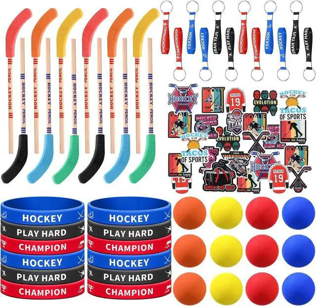 Main image of Hungdao 98 Pcs Hockey Party Favors Include 12 Ice Hockey Pencil with Eraser 12 Foam Knee Ball 12 Silicone Bracelet 12 Motivational Keychain 50 Sheet Sticker for Sport Team Birthday Party Supplies Gift