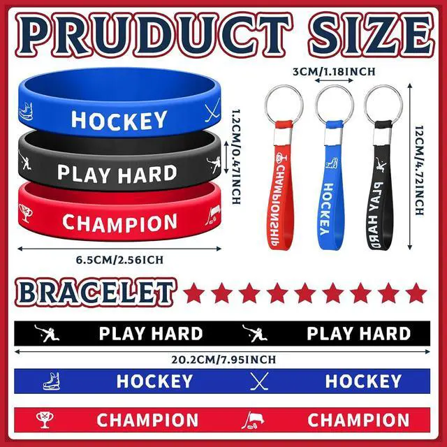 Alt view image 2 of 7 - Hungdao 98 Pcs Hockey Party Favors Include 12 Ice Hockey Pencil with Eraser 12 Foam Knee Ball 12 Silicone Bracelet 12 Motivational Keychain 50 Sheet Sticker for Sport Team Birthday Party Supplies Gift