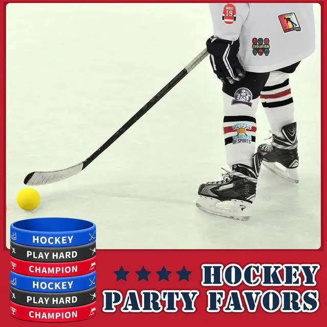 Alt view image 4 of 7 - Hungdao 98 Pcs Hockey Party Favors Include 12 Ice Hockey Pencil with Eraser 12 Foam Knee Ball 12 Silicone Bracelet 12 Motivational Keychain 50 Sheet Sticker for Sport Team Birthday Party Supplies Gift