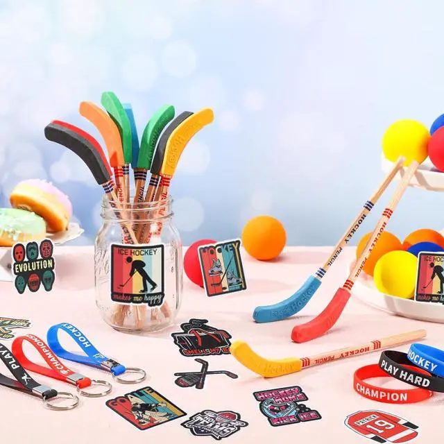 Alt view image 7 of 7 - Hungdao 98 Pcs Hockey Party Favors Include 12 Ice Hockey Pencil with Eraser 12 Foam Knee Ball 12 Silicone Bracelet 12 Motivational Keychain 50 Sheet Sticker for Sport Team Birthday Party Supplies Gift