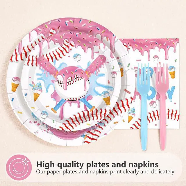 Alt view image 2 of 7 - 96Pcs Ice Cream Drip Baseball Party Decoration Pin Blue Baseball Plates and Napkins Sports Themed Tableware Set for Summer Team Celebration Game Day Birthday Party Supplies, Serves 24