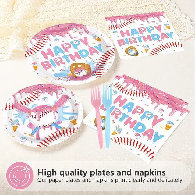 Alt view image 3 of 7 - 96Pcs Ice Cream Drip Baseball Party Decoration Pin Blue Baseball Plates and Napkins Sports Themed Tableware Set for Summer Team Celebration Game Day Birthday Party Supplies, Serves 24