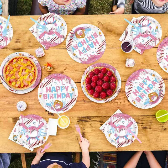 Alt view image 7 of 7 - 96Pcs Ice Cream Drip Baseball Party Decoration Pin Blue Baseball Plates and Napkins Sports Themed Tableware Set for Summer Team Celebration Game Day Birthday Party Supplies, Serves 24