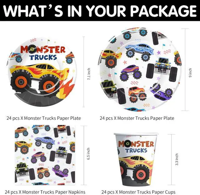 Alt view image 2 of 7 - APOWBLS Monster Truck Birthday Party Supplies, Monster Theme Jam Party Decorations Tableware, Paper Plates and Napkins Set, Cup, Tablecloth, Disposable Cutlery, Straw | Serves 24