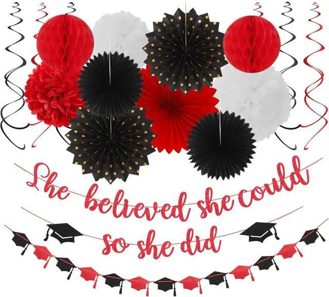 Main image of Red-Black White Party-Decorations Graduation Banner-Streamers - 18pcs Kits 2026 Congratulations Grad She Believed She Could So She Did Garland,Paper Tissue Pom Poms Fan,Honeycomb Lanterns Panduola