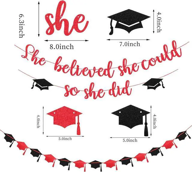 Alt view image 2 of 7 - Red-Black White Party-Decorations Graduation Banner-Streamers - 18pcs Kits 2026 Congratulations Grad She Believed She Could So She Did Garland,Paper Tissue Pom Poms Fan,Honeycomb Lanterns Panduola
