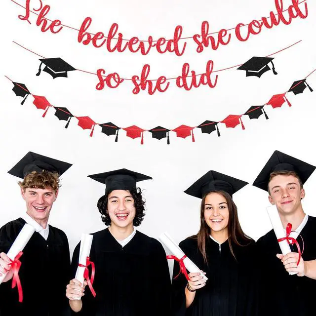 Alt view image 4 of 7 - Red-Black White Party-Decorations Graduation Banner-Streamers - 18pcs Kits 2026 Congratulations Grad She Believed She Could So She Did Garland,Paper Tissue Pom Poms Fan,Honeycomb Lanterns Panduola
