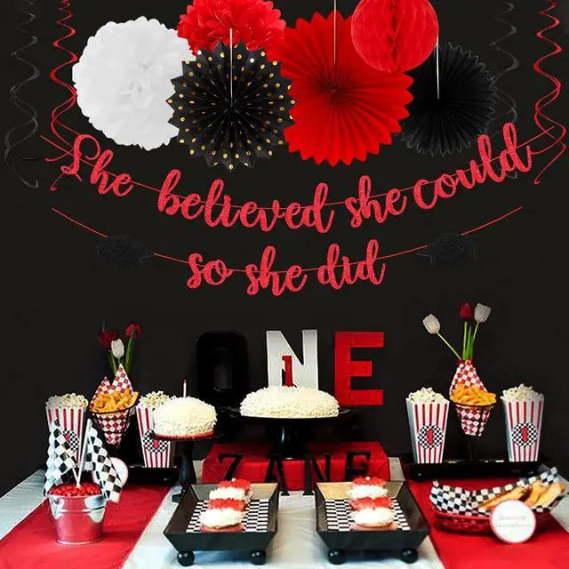 Alt view image 5 of 7 - Red-Black White Party-Decorations Graduation Banner-Streamers - 18pcs Kits 2026 Congratulations Grad She Believed She Could So She Did Garland,Paper Tissue Pom Poms Fan,Honeycomb Lanterns Panduola