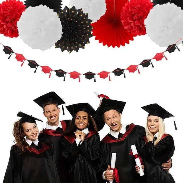 Alt view image 6 of 7 - Red-Black White Party-Decorations Graduation Banner-Streamers - 18pcs Kits 2026 Congratulations Grad She Believed She Could So She Did Garland,Paper Tissue Pom Poms Fan,Honeycomb Lanterns Panduola