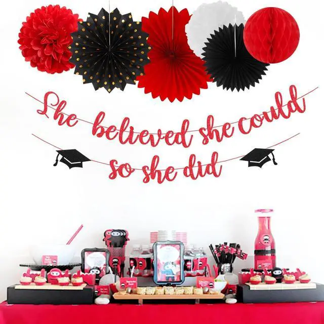 Alt view image 7 of 7 - Red-Black White Party-Decorations Graduation Banner-Streamers - 18pcs Kits 2026 Congratulations Grad She Believed She Could So She Did Garland,Paper Tissue Pom Poms Fan,Honeycomb Lanterns Panduola