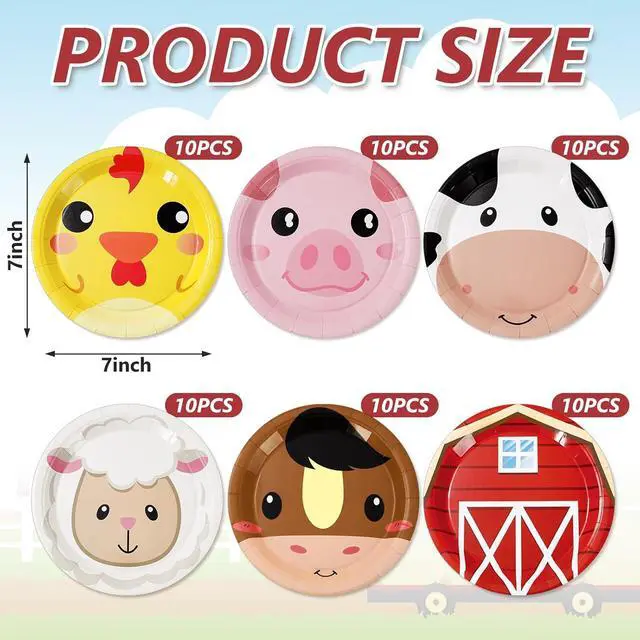 Alt view image 2 of 7 - Whaline 60Pcs Farm Animal Birthday Party Dessert Plates Cock Pig Cow Sheep Disposable Paper Plates 6 Designs Farmhouse Tableware 7 Inch for Party Supplies Table Decor