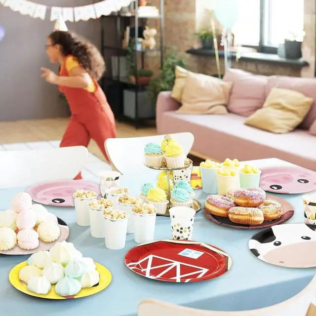 Alt view image 7 of 7 - Whaline 60Pcs Farm Animal Birthday Party Dessert Plates Cock Pig Cow Sheep Disposable Paper Plates 6 Designs Farmhouse Tableware 7 Inch for Party Supplies Table Decor