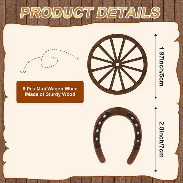 Alt view image 2 of 7 - 24 Pcs Western Theme Party DecorationsKSKSPE Birthday Table Centerpieces Mini Horseshoes Wagon Wheel Horse Rodeo Decor for Crafts Wedding Party Favor, Wild West Cowboy Western Party Decor