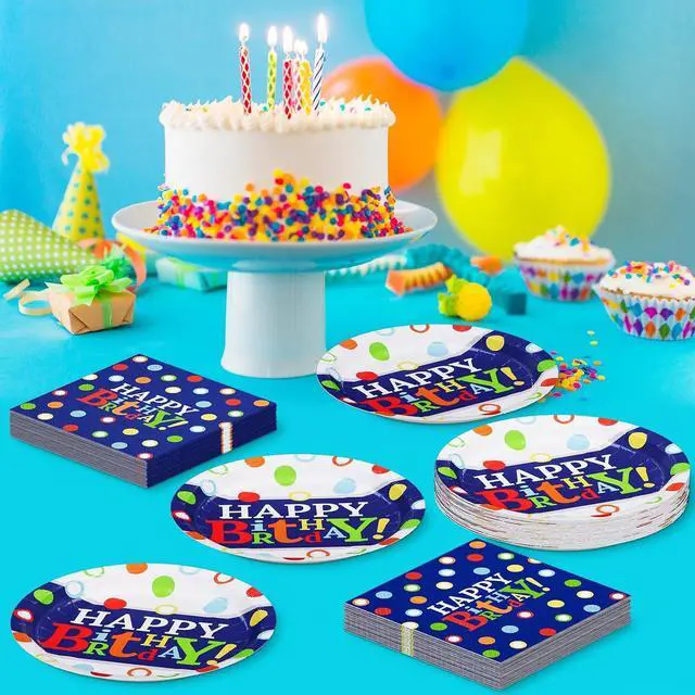 Alt view image 3 of 6 - DYLIVeS Colorful Dots Party Plates and Napkins Set, Blue and Rainbow Polka Dots Decorations Disposable Tableware Set Rainbow Dots Party Supplies for Boys, Serve 16
