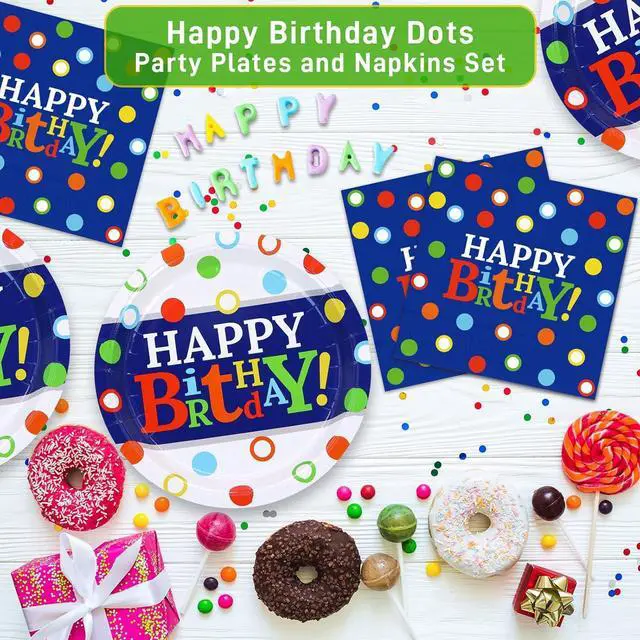 Alt view image 4 of 6 - DYLIVeS Colorful Dots Party Plates and Napkins Set, Blue and Rainbow Polka Dots Decorations Disposable Tableware Set Rainbow Dots Party Supplies for Boys, Serve 16