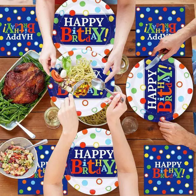 Alt view image 6 of 6 - DYLIVeS Colorful Dots Party Plates and Napkins Set, Blue and Rainbow Polka Dots Decorations Disposable Tableware Set Rainbow Dots Party Supplies for Boys, Serve 16