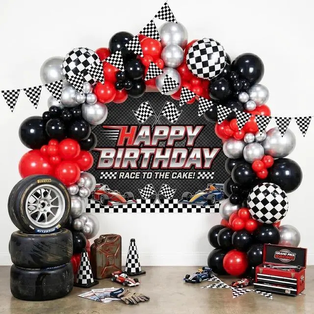 Main image of Race Car Balloon Arch Garland Kit 126Pcs Red Black and Metallic Silver Balloons with Checkered Foil Balloons and Checkered Flag Banner for Two Fast Birthday Party Decorations
