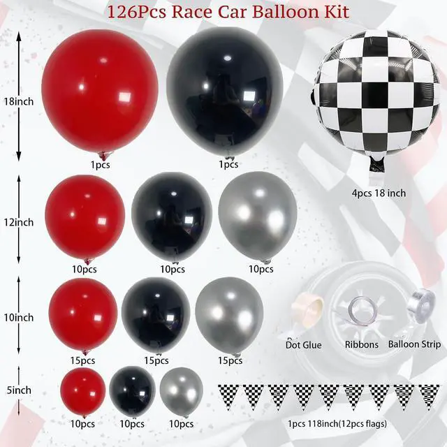 Alt view image 2 of 7 - Race Car Balloon Arch Garland Kit 126Pcs Red Black and Metallic Silver Balloons with Checkered Foil Balloons and Checkered Flag Banner for Two Fast Birthday Party Decorations