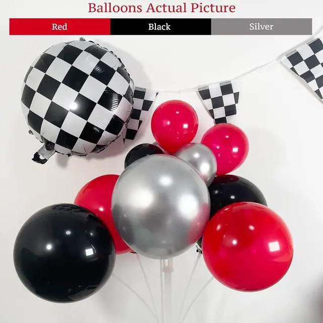 Alt view image 3 of 7 - Race Car Balloon Arch Garland Kit 126Pcs Red Black and Metallic Silver Balloons with Checkered Foil Balloons and Checkered Flag Banner for Two Fast Birthday Party Decorations